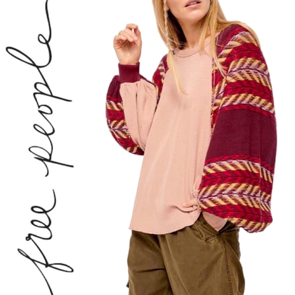 Free People Pink Raglan Balloon Sleeve Top